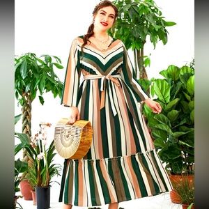 Plus Block Striped Frill Trim Belted Dress